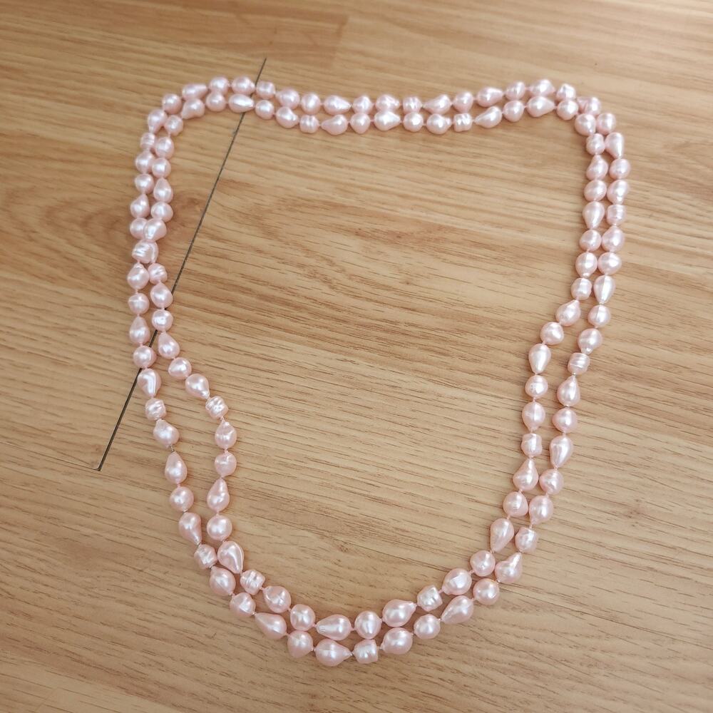 54in Long Blush Pink Faux Pearl Opera Necklace‎ Knotted Irregular Bead Strand